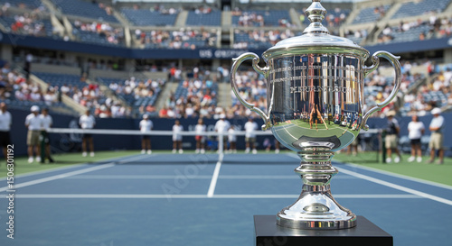 A close up of the us open trophy with a tennis court and spectators in the blurred background view