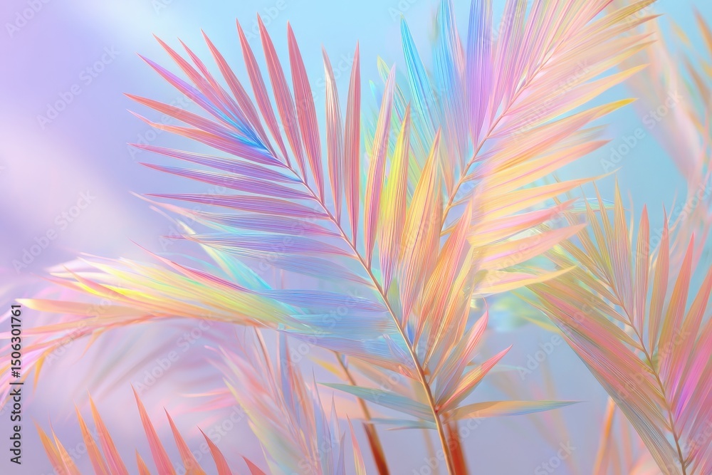 Pastel iridescent palm fronds against a soft, light blue and pink background, illuminated by ethereal light beams Pastel iridescent palm fronds against a soft, light blue and pink background, illuminated by ethereal light beams