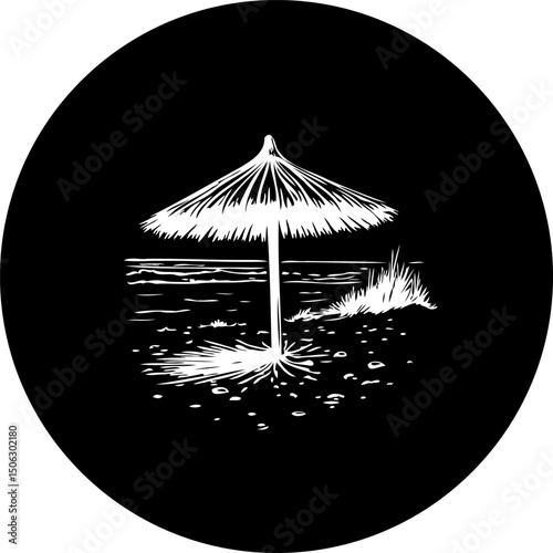 Monochromatic Beach Silhouette: A Tranquil Escape Under a Parasol's Shade