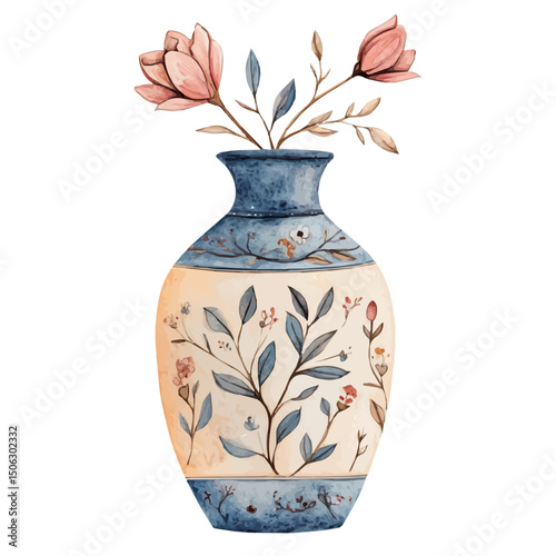 Ceramic Wall Vase, watercolor painting vector, high quality, isolated on a white background.