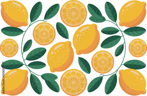  a decorative arrangement of whole and sliced lemons along with green leaves, forming an oval-like pattern.