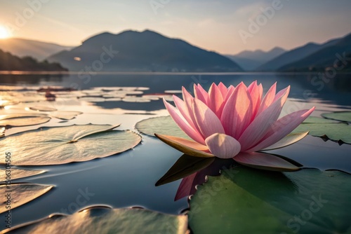 Pink lotus blossom on water with mountain background serene