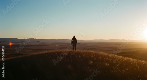 Person Standing on Hilltop at Sunset
