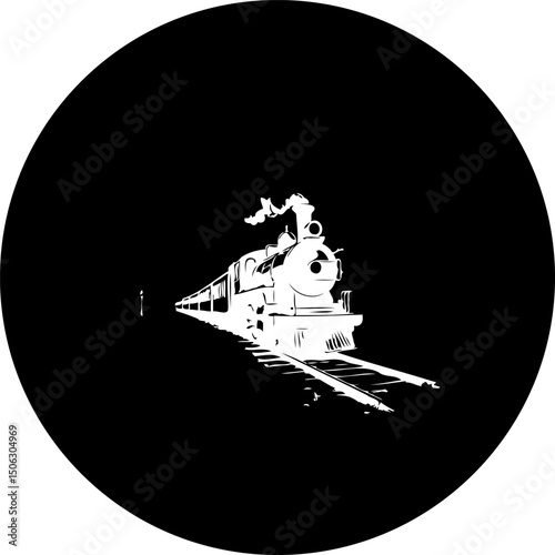 Monochrome rendition of a vintage locomotive speeding through dark landscape