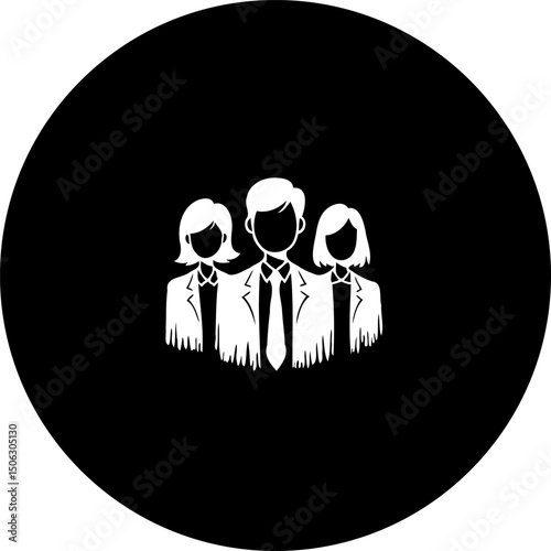 Corporate Teamwork Illustration: Diverse Professionals on a Black Circular Badge