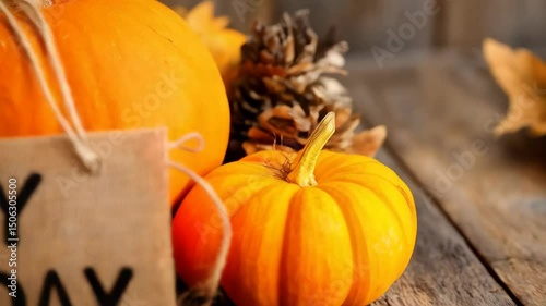 Festive autumn pumpkins with burlap sign wishing happy birthday on weathered wooden planks, seasonal celebration and decoration concept