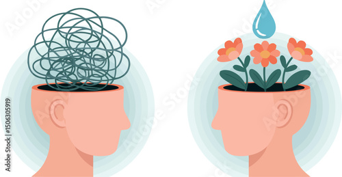 two simplified head silhouettes to illustrate a contrast in mental states. 