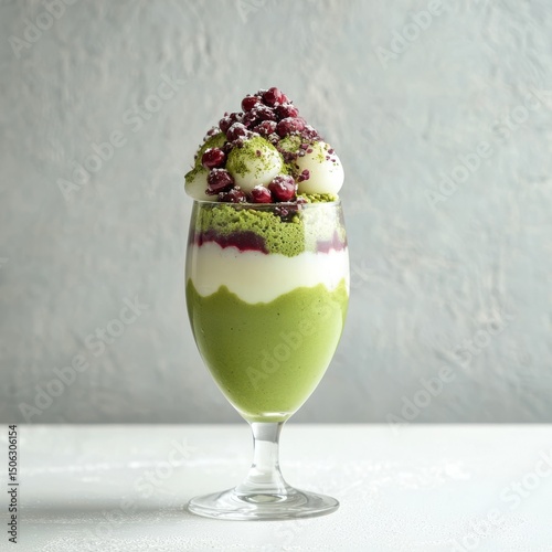 Layered Matcha Parfait with Mochi and Cranberries