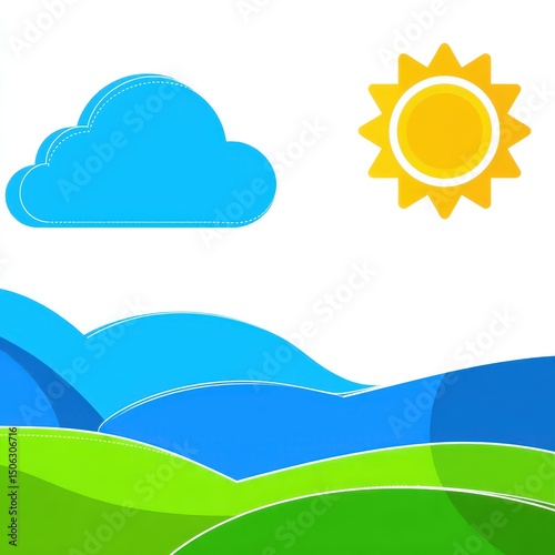 Sunny Day Cartoon Landscape Illustration with Blue Sky Green Hills