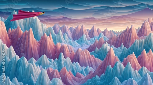 Wallpaper Mural Superhero in Crimson Cape Flying Over Snowy Pink and Blue Mountains at Sunset Torontodigital.ca