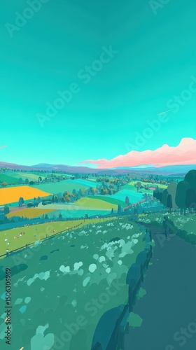 Wallpaper Mural Vibrant Teal and Green Painted Landscape with Distant Valley Torontodigital.ca