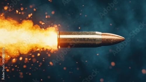 A bullet in mid-air with fiery sparks trailing behind, set against a dark, smoky background.