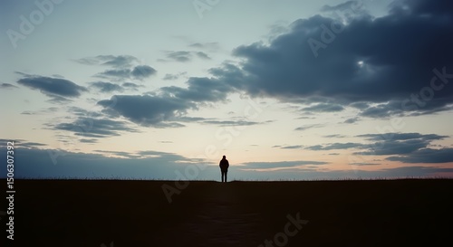 Silhouette Person at Sunset, Horizon Landscape