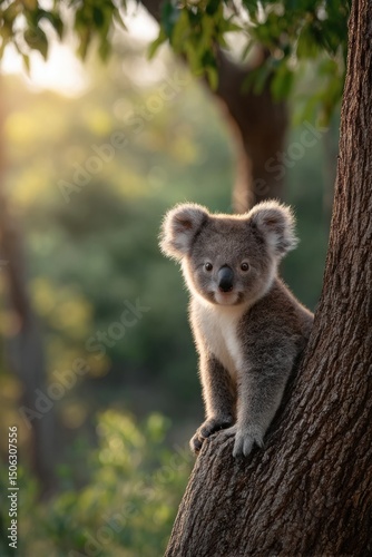 A baby koala clings to a tree in a sunlit forest during morning hours, evoking a sense of tranquility and nature.