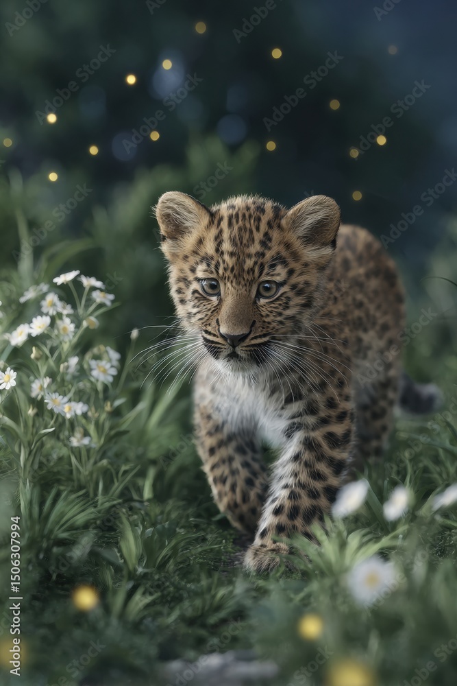 Fototapeta premium A leopard cub crawls through a twilight jungle, creating a serene and enchanting scene.