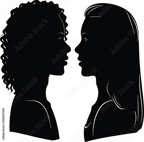 Two Women s Profile Silhouettes Facing Each Other in Black and White