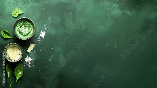 Delicious spinach pesto pasta ingredients on dark green background fresh basil leaves parmesan cheese flour