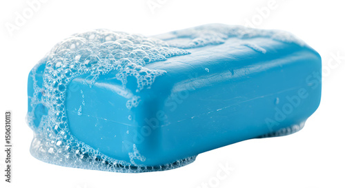 Isolated Photo Of Blue Soap With Bubbles On Transparent Background