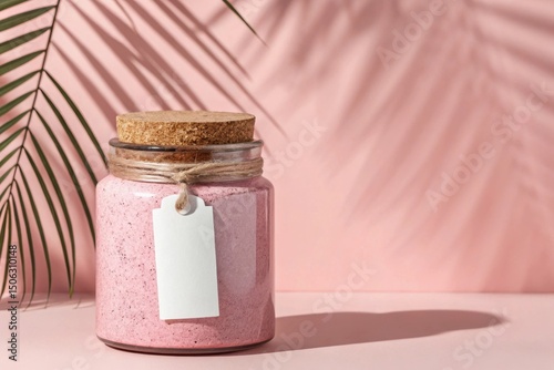 Pink bath salt in jar with blank tag on pink background