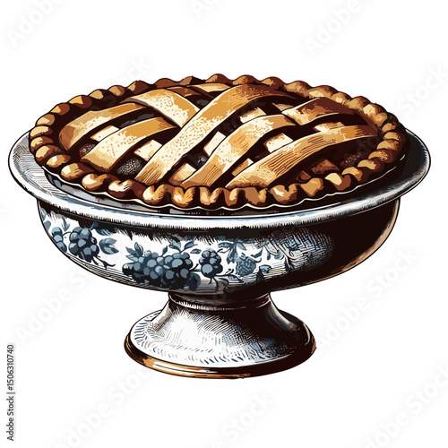 Traditional pie on decorative pedestal serving dish  
