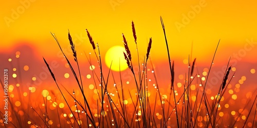 Dew on long grass at sunrise, glimmering under soft light