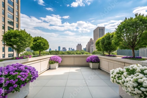 Luxury penthouse terrace with city view and floral arrangements