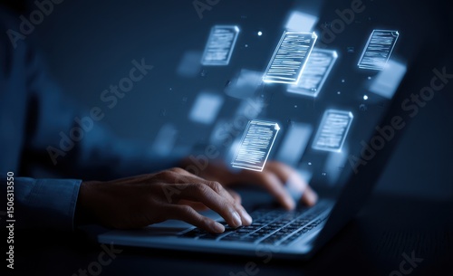 Glowing digital files emanate from a laptop as a person types, illustrating data transfer or cloud computing