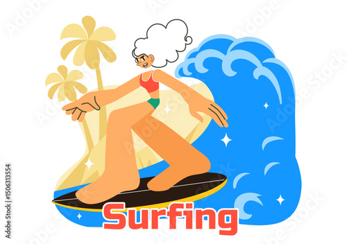 Summer Surfing Vector Illustration of Water Sports Activities, Featuring Surfboards Riding Ocean Waves or Floating in a Flat Style Cartoon Background