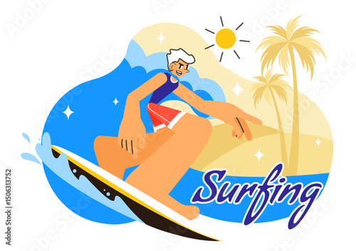 Summer Surfing Vector Illustration of Water Sports Activities, Featuring Surfboards Riding Ocean Waves or Floating in a Flat Style Cartoon Background