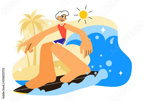 Summer Surfing Vector Illustration of Water Sports Activities, Featuring Surfboards Riding Ocean Waves or Floating in a Flat Style Cartoon Background