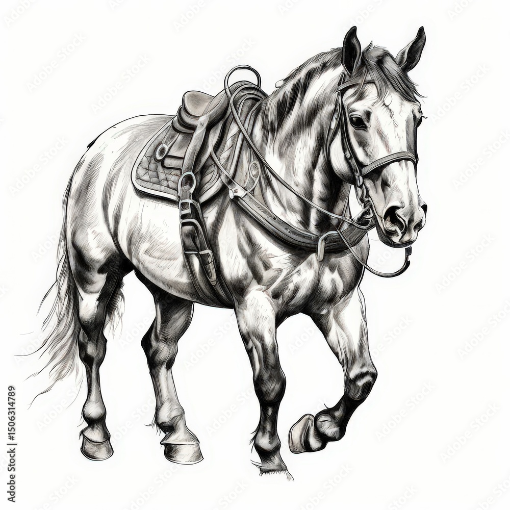 Fototapeta premium an AI Image Generator, Illustrated Saddled Horse Standing Elegantly