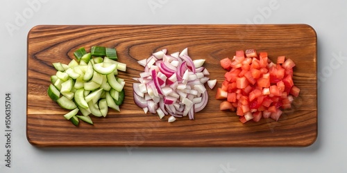 Chopped cucumber red onion and tomato on wooden board isolated on white background