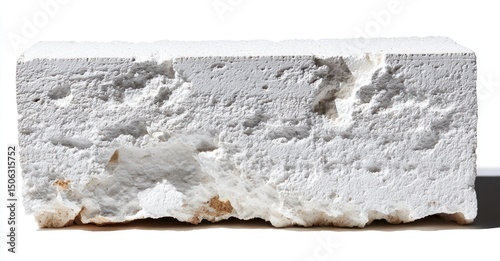 Rough-hewn, off-white rectangular block with a porous, pitted surface texture, casting a subtle shadow on a white background