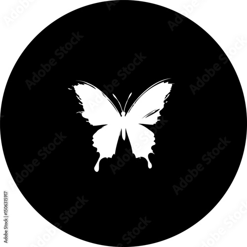 Elegant white butterfly silhouette against stark black circle backdrop design
