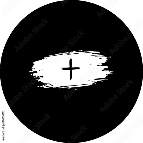 Abstract monochromatic design featuring a central cross within a textured brushstroke
