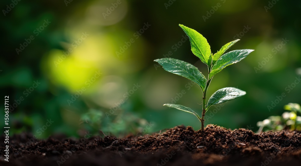 Naklejka premium A young seedling with vibrant green leaves emerges from dark soil, bathed in soft sunlight against a blurred green background