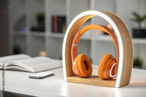Orange wireless headphones on a modern lighted wooden stand
