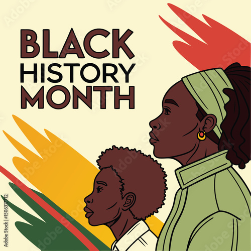 Black history month illustration with african american mother and child looking forward with hope and pride
