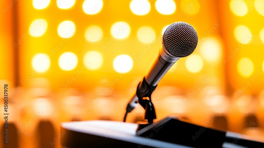 Close-up of a microphone on a stand against a blurred background of warm yellow lights. Close-up of a microphone on a stand against a blurred background of warm yellow lights.