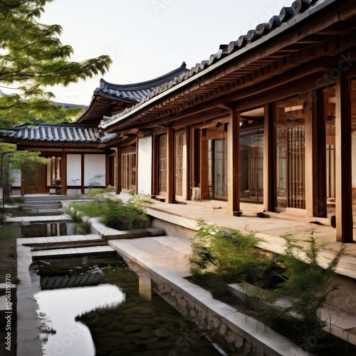 an AI Image Generator, Asian Architecture with Courtyard and Garden Landscaping