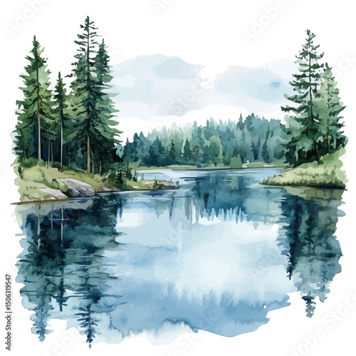Calm Lake, watercolor vector, high quality, isolated on a white background.
