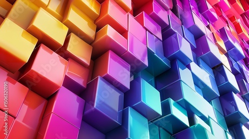 Vibrant rainbow spectrum of multicolored geometric blocks in abstract 3d rendered background