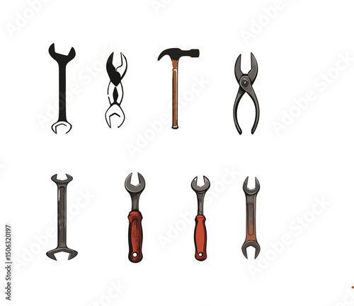 Collection of hand tools wrenches hammer pliers