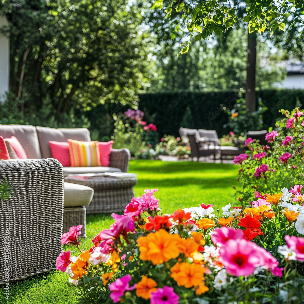 Fototapeta premium Backyard garden with colorful flowers on sunny day. Outdoor patio with wicker furniture. Green grass lawn, manicured shrubs, vibrant blooms in foreground, blurred trees background for tranqui