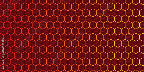 Seamless Gradient Hexagon Pattern: Red to Orange and Yellow, Abstract Modern Honeycomb Mesh Repeat Background, Vibrant Geometric Design with Optical Depth Effect.