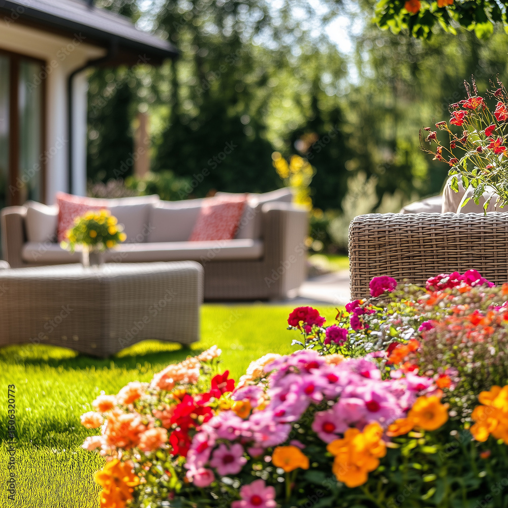 Fototapeta premium Backyard garden with colorful flowers on sunny day. Outdoor patio with wicker furniture. Green grass lawn, manicured shrubs, vibrant blooms in foreground, blurred trees background for tranqui