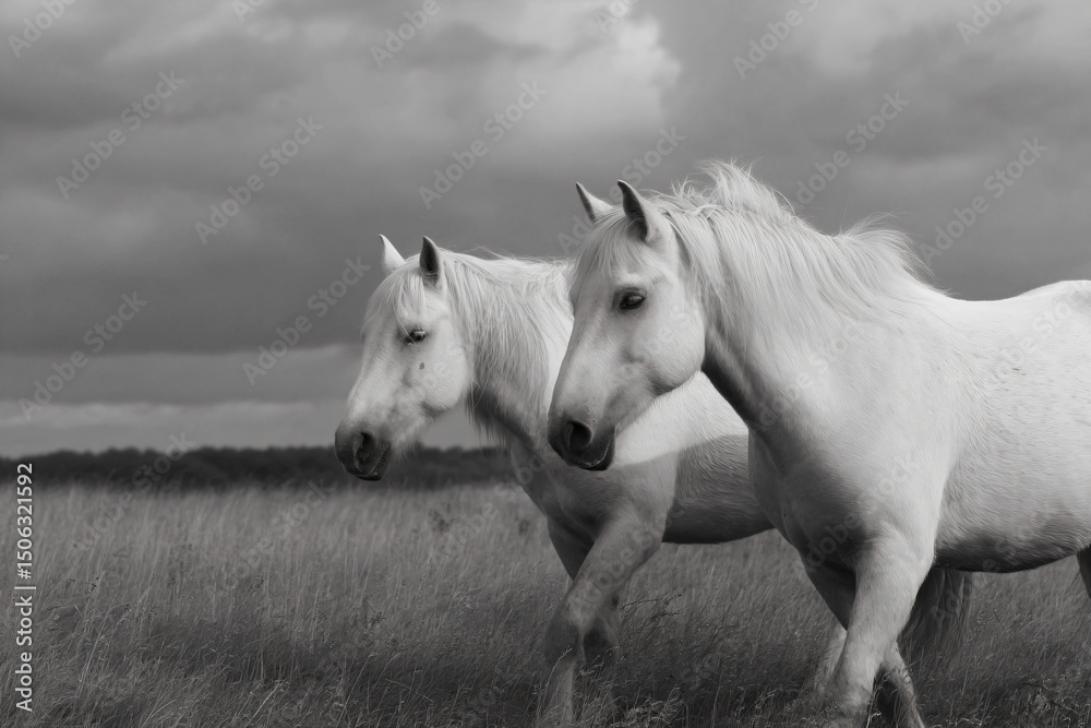 Obraz premium two white horses standing in a field of tall grass