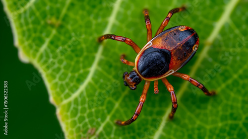 Deer tick detail. Ixodes ricinus. Arachnid on green background. Disgusting hairy parasite closeup on natural leaf texture. Carrier of encephalitis, Lyme borreliosis or babesiosis infections. Top view.