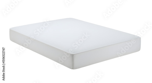 A pristine, white mattress positioned at an angle, showcasing its clean design and modern aesthetic in a bright, minimalistic room