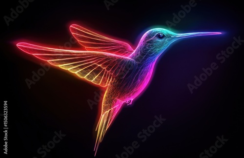 Colorful hummingbird in flight, abstract design, dark background photo
